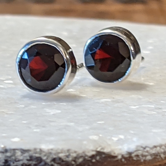 Sterling Garnet Large Stud Earrings - Picture 3 of 10